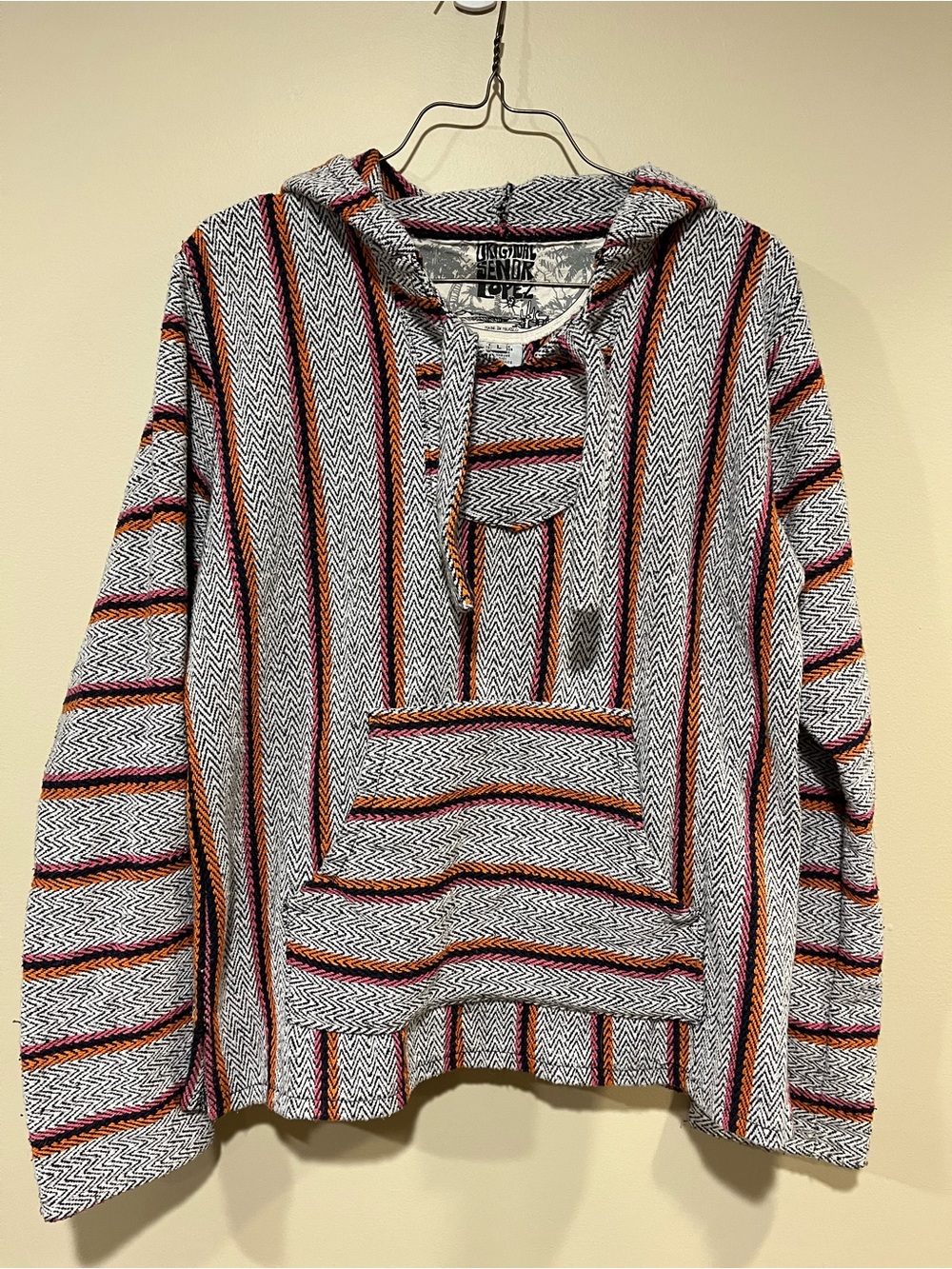 Senor Lopez Men's L Baja Hoodie Pullover Striped Gray Black Orange Pink